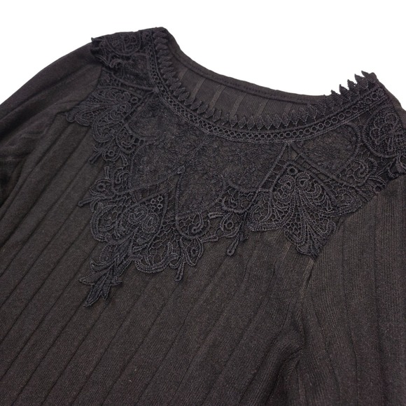 Shein Black Ribbed Stretch Long Sleeve Top with Lace Detail Ribbed Black Size XS - Picture 2 of 7